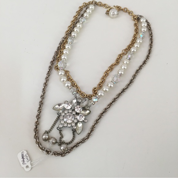 Vintage Antique Retro Gold Pearl Crystal Handmade Multi Layer Necklace upcycled - Picture 15 of 17